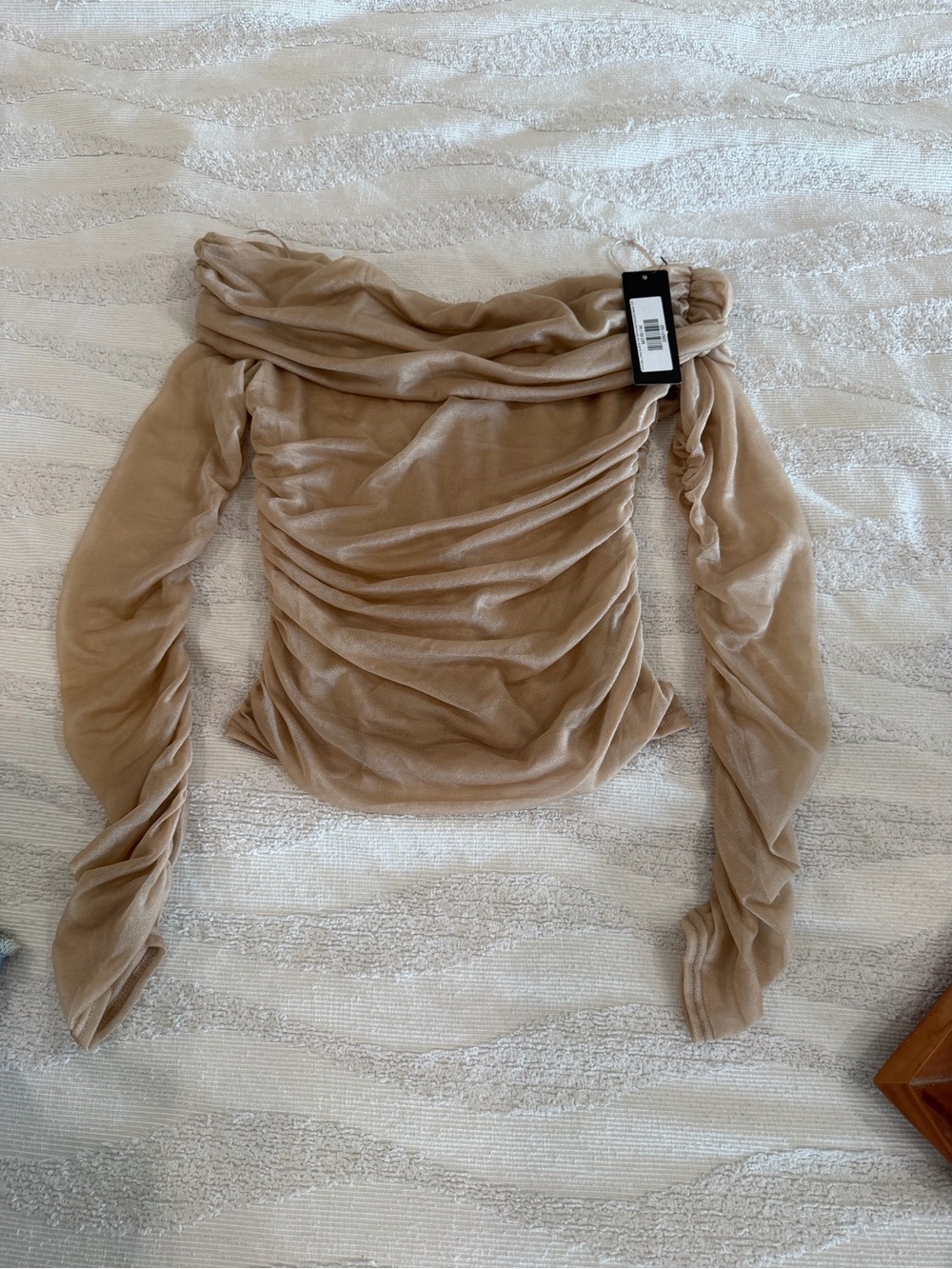 Ruched Off-Shoulder Top in Nude Taupe